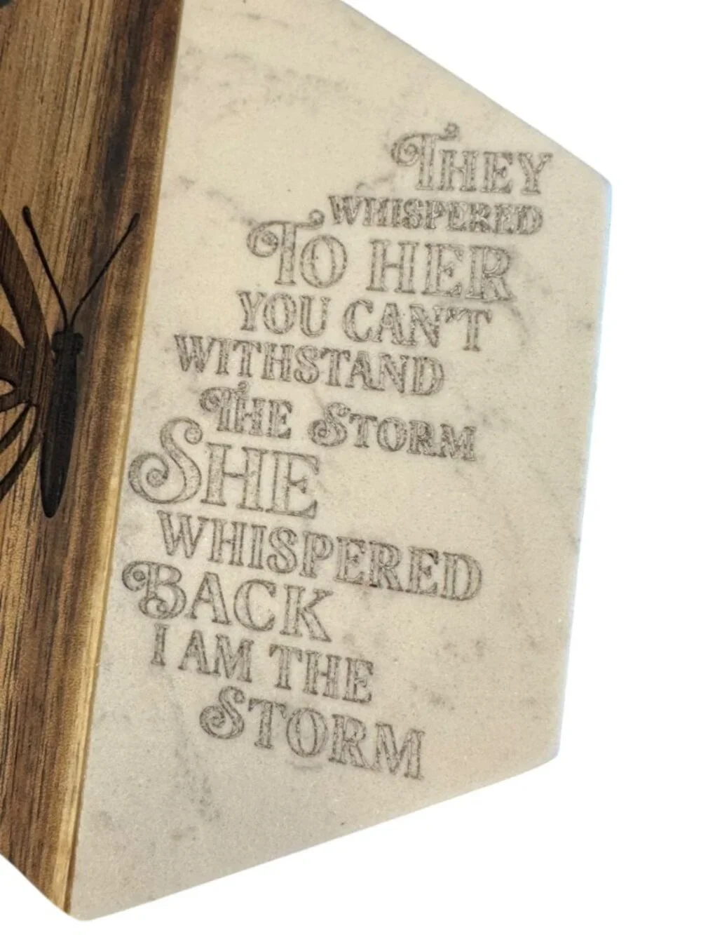Inspirational Marble and Wood Hexagon Coaster with Butterfly Engraving